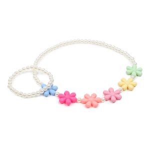 Pearl Necklace & Bracelet Set With Bright Flowers