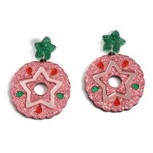 Christmas Earrings Pink Wreath