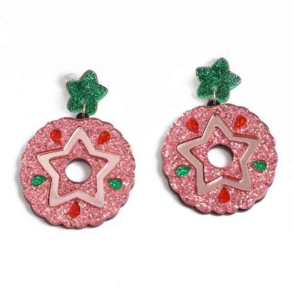 Christmas Earrings Pink Wreath