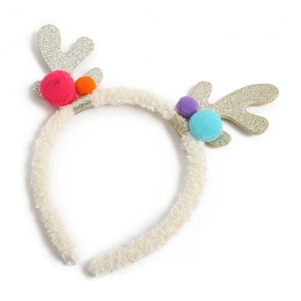 Christmas Reindeer Headband with Silver Antlers & Pom Poms