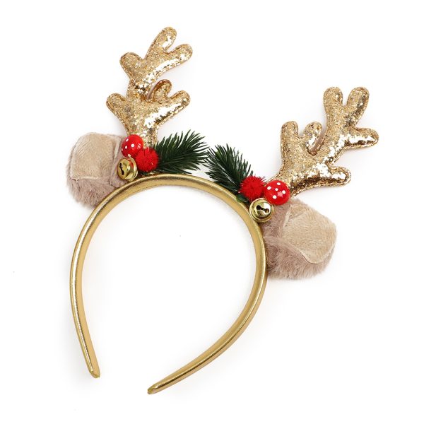 Christmas Reindeer Headband with Gold Antlers & Holly