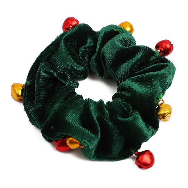 Green Velvet and Bells Christmas Scrunchie